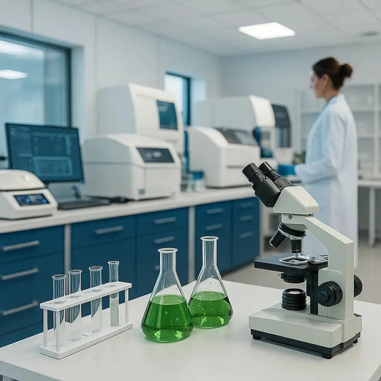 Modern laboratory setup with certified lab equipment, microscope, green liquid samples, and biotech scientist — Lab Equipment Direct Who We Are