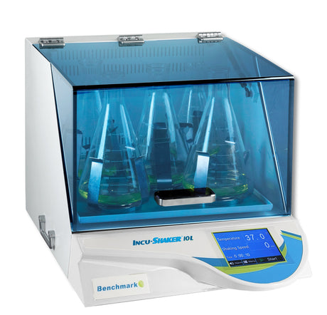 Incu-Shaker™ 10L shown with MAGic Clamp™ platform and 5x 2L flask attachments.