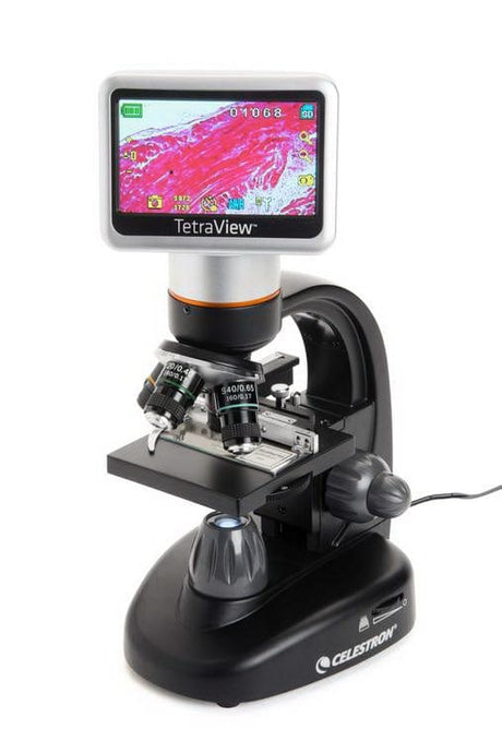 Fisher Anatomical Celestron™ TetraView Microscope – Rotating LCD Head, Achromatic 4X/10X/20X/40X Objectives, Mechanical Stage S05039