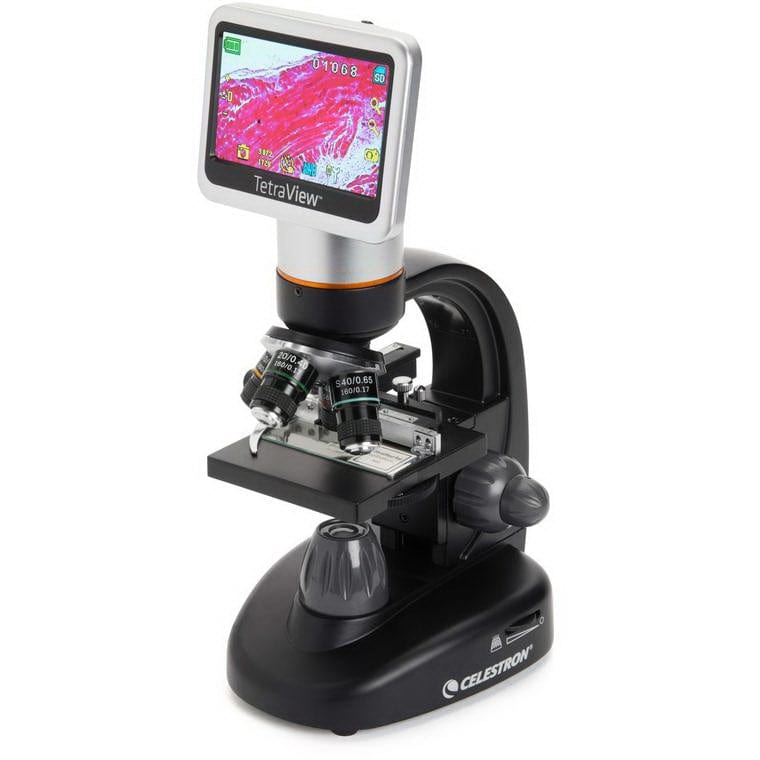 Fisher Anatomical Celestron™ TetraView Microscope – Rotating LCD Head, Achromatic 4X/10X/20X/40X Objectives, Mechanical Stage S05039